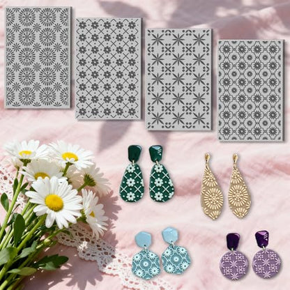 4 Sheets Simple Flowers Pattern Clay Texture Mat Plaid Flower Polymer Clay Texture Sheets DIY Tools for Pottery Earring Jewelry Making Stamp Engraving Machines, 3.9x2.6inch - style: Plaid Flower