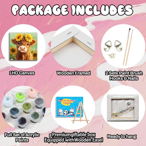 WEMEON Cow Paint by Numbers Kit for Kids with Frame and Easel, Easy Paint by Numbers Kits for Kids Ages 8-12, Small Painting by Number for Birthday Gift, Painting Party(10X10inch) - color: DMBK-0012-US(10X10inch)