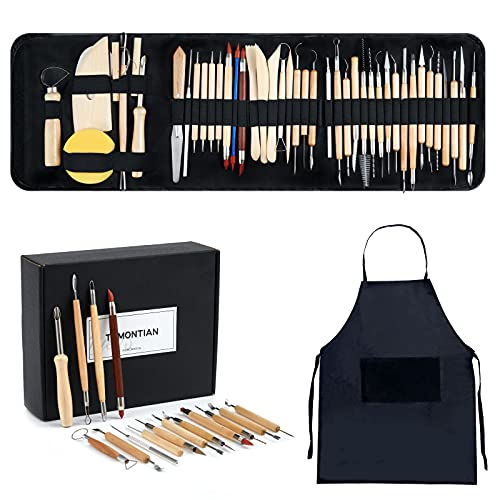 TEMONTIAN Pottery Tool Kit，Clay Sculpting Tools,43 Pcs Double Sided Pottery Wheel Tools for Adults，Pottery Carving Tools，Pottery Kiln Tools At Home，Ceramics Tools Set with Carrying Case Bag and Apron - color: BLACK