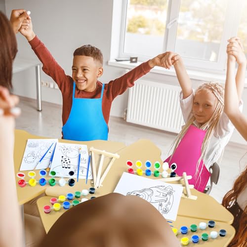 48PCS 12 Sets Printed Canvas Paint Art 12 Pcs Wooden Easel Set Paint Pots and Brushes and 12 Pre Drawn Canvas Panel 12 Pcs Mini Apron and Tote Bag for Kids(Cute) - style: Cute