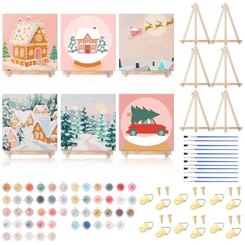 YooNotee 12 Pack Valentine's Day Paint by Numbers Kit - 8 x 8 Inches Pink Themed DIY Canvas with Wooden Display Easel, Brushes and Paints 6 Designs for Adults Family Holiday Decor - style: Snow