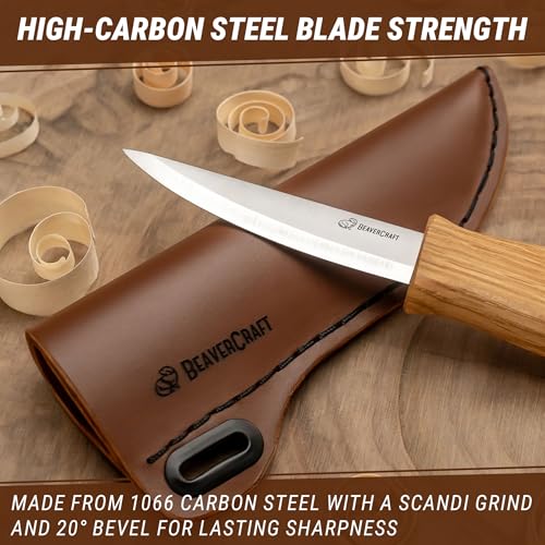 BeaverCraft Wood Carving Sloyd Knife C4s 3" - Whittling Knife with Leather Sheath for Carvers - Chip Wood Carving Tools for Beginner and Profi