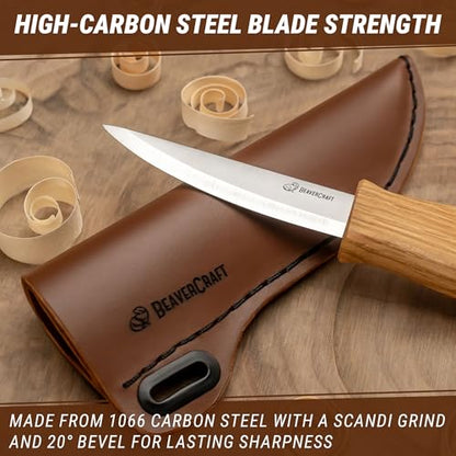 BeaverCraft Wood Carving Sloyd Knife C4s 3" - Whittling Knife with Leather Sheath for Carvers - Chip Wood Carving Tools for Beginner and Profi