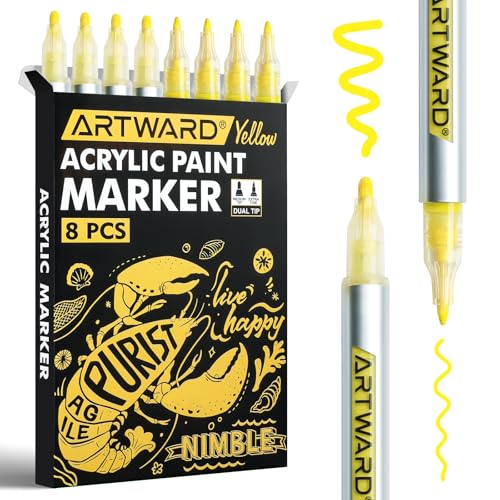 Yellow Acrylic Paint Markers 8 Pack, Dual Tip 0.7mm & 3mm Acrylic Paint Pens, for Rock, Wood, Glass, Canvas, Ceramic, Metal, DIY Crafts - color: Yellow
