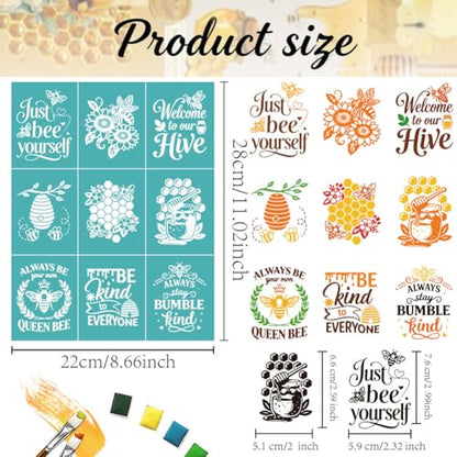 2 Sheet Bee Silk Screen Stencil, Honeycomb Sunflower Self-Adhesive Reusable Silk Screen Printing Stencils Templates for Painting on Wood, Fabric, Walls, Home Decor & DIY Crafts - style: Bee