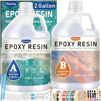 IGaiety Epoxy Resin, 2 Gallon Epoxy Resin Kit, Crystal Clear High-Gloss Epoxy Self-Leveling Casting Kit No Yellowing Perfect for DIY Crafts, Table Tops (1 Gallon Resin + 1 Gallon Hardener) - size: 2 Gallon