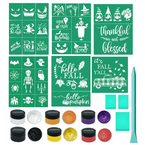 JAJADO Silk Screen Halloween Stencils 16 pcs, Reusable Chalk Paste Paint for Painting on Wood, DIY Screen Print Transfers, Mesh and Adhesive Stencils for Fall Home Decor - color: 16 Pcs Halloween Stencils Kits