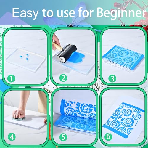 Reusable Gel Printing Plate Kit- 8" X 10" Gel Plate with Acrylic Paint, Printing Paper, Stencil, Storage Box, Rubber Roller, Baren, Easy Clean Plate,DIY Printmaking for Art Card Making, Scrapbooking