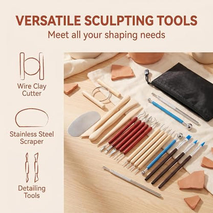 DaChihSheng 27 Pcs Clay Tools Kit Pottery Tools Polymer Clay Sculpting Tools Kit for Carving Air Dry Clay Tools Set for Adults Clay Sculpting Tools Ceramic Tools Graving Tools use for DIY Handicraft - color: Beige + Brownish Red