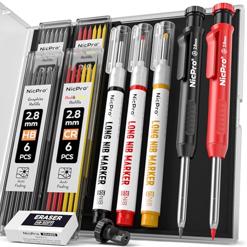 Nicpro 2 Pack CP1000 Carpenter Pencil with Sharpener, Mechanical Carpenter Pencils with 26 Refills, Deep Hole Long Nib Marker Pens for Construction, Heavy Duty Woodworking Pencil for Architect Marking - color: Black, Red, Yellow, Green, Blue, White, size: