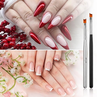 6 Pcs French Tip Brush Oblique Head French Tip Nail Brush, Long Tip Bristle Brushes for Gel & Acrylic Wooden Handle, Fine Liner Painting Pen for Nail Art 2 Styles Manicure Brushes