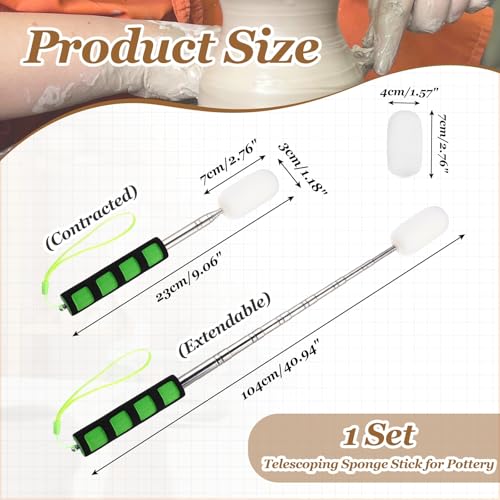 PATIKIL 41" Telescoping Sponge Stick for Pottery, Retractable Ceramic Sponge Tool with 2pcs Head for Removing Excess Water from Tall and Narrow Pottery, White/Green(1.18/1.57"W) - color: White/Green