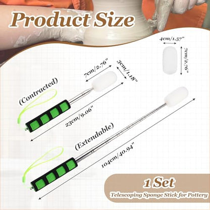 PATIKIL 41" Telescoping Sponge Stick for Pottery, Retractable Ceramic Sponge Tool with 2pcs Head for Removing Excess Water from Tall and Narrow Pottery, White/Green(1.18/1.57"W) - color: White/Green