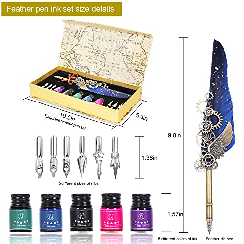 NC Feather Pen Ink Set, Quill Pen Includes 5 Bottles of Ink and 6 Replaceable Nibs, Mechanical Quill Pen for Writing, Letters, Diary, Signing, Invitations (Navy Blue) - color: Blue