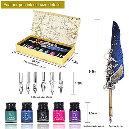 NC Feather Pen Ink Set, Quill Pen Includes 5 Bottles of Ink and 6 Replaceable Nibs, Mechanical Quill Pen for Writing, Letters, Diary, Signing, Invitations (Navy Blue) - color: Blue