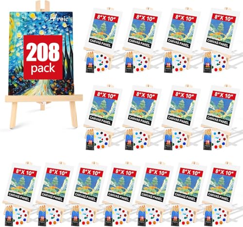 AROIC 208 Pack Easel and Canvas Sets with 16 Wood Easels,160 Brushes,16 Canvas and 16 Palette, Painting Set, Tabletop Easel, Art Easels, Painting Supplies for Kids & Adults to Paint Party - style: 30cm-16sets