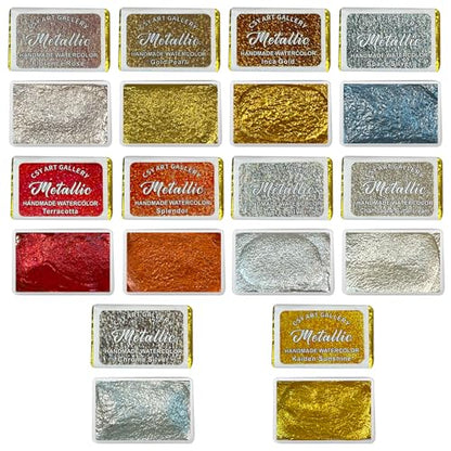 Handmade Metallic Gold-Silver Watercolors Paint Shimmer Calligraphy Ink Hand Lettering Full Pans Shimmer Watercolour Set for Painting, Mixed Media and Paper Crafts (Set 2) - color: Set 2 (10 Full Pans)