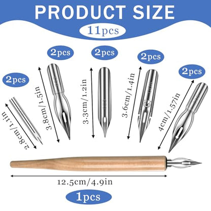 ZEYIYER 11 Pcs Dip Pens, G Pen Ink Nibs, Wooden Drawing Pen Holder with Stainless Steel Dip Pens for Comic, Drawing, Writing, Calligraphy