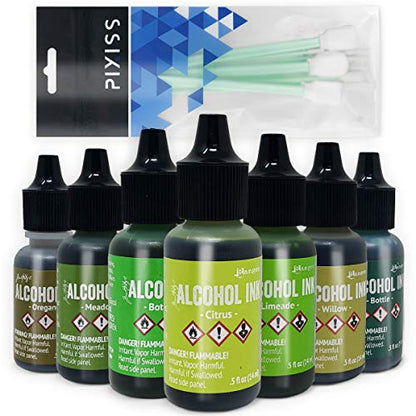 Greens Alcohol Inks Set | Tim Holtz Alcohol Inks Shades of Green 7-Pack | Willow, Citrus, Bottle, Oregano, Meadow, Limeade, Botanical | 10 Pixiss Alcohol Ink Blending Tools - color: Green