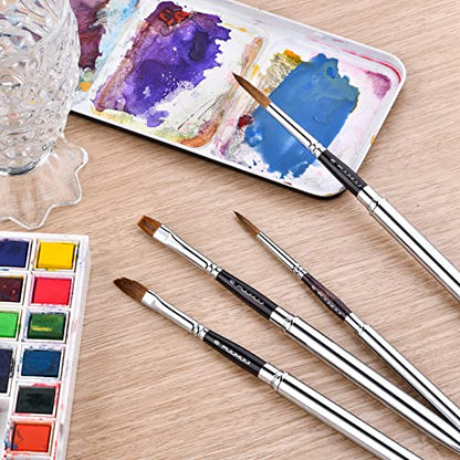 Kolinsky Sable Hair Round Watercolor Paint Brush 4Pcs Travel Set - Portable Compact Artist Brushes with Pocket for Art, Gouache, Acrylic, Oil Painting - color: Silvery-4