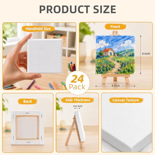 CONDA 24 Pack 4x4 Inch Mini Blank Canvas for Painting, 100% Cotton Stretched Canvas with Pinewood Frame, Acid-Free Primed Mini Square Canvas for Acrylic Oil Painting, Classroom Art & Party Decor - size: 4"x4",24pack