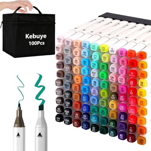 Kebuye Alcohol Markers 100 Colors, Alcohol Based Marker with Case, Dual Tip Art Markers for Kids Adults Coloring Books, Sketch Permanent Marker Pens, School Supplies Christmas Gift - style: White-100PCS