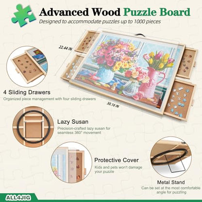 ALL4JIG 1000 Pieces 2-in-1 Tilting & Rotating Puzzle Board, 30.16" x 22.44"Adjustable Angle Puzzle Board with 4 Drawers & Clear Protective Cover, Birthday Gift for mom,with a Tabletop Easel-Style Tilt - color: Iron, size: Small-1000pcs