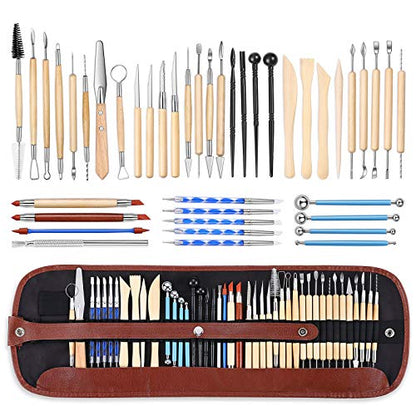 ISSEVE Pottery Clay Sculpting Tools 43Pcs Double Sided Ceramic Clay Carving Tool Set with Carrying Case Bag for Beginners Professionals School Student Pottery Modeling Smoothing - color: Brown Bag