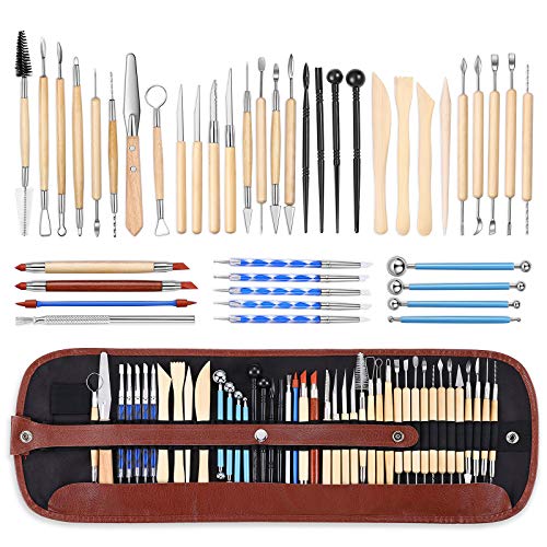 ISSEVE Pottery Clay Sculpting Tools 43Pcs Double Sided Ceramic Clay Carving Tool Set with Carrying Case Bag for Beginners Professionals School Student Pottery Modeling Smoothing - color: Brown Bag