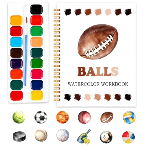 Easy Sports Balls Watercolor Workbook for Beginners, Water Coloring Book, 12 Different Patterns, 18 Colors Watercolor Paint Set, Stress Relieving, DIY Art Gift for Fans, Adults and Teens - color: sports balls