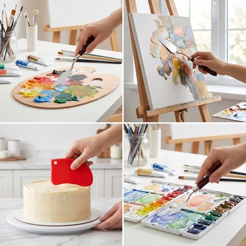 Palette Knife Set, 5pcs Stainless Steel Palette Knives with 6 Plastic Scrapers Small Offset Spatula for Oil, Canvas, Acrylic Painting & Cake Decorating