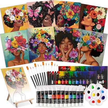 Cholemy 36 Pcs Paint and Sip Kit for Adults 8''x10'' Pre Drawn Canvas for Painting DIY Afro Acrylic Painting Kit Wood Easel Brushes Date Night Bulk for Summer 4th of July Party Gift(Flower Lady) - style: Flower Lady