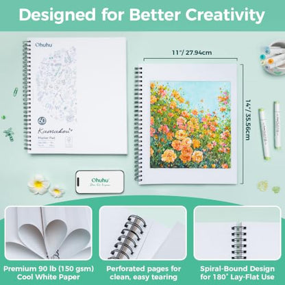 Ohuhu Double-Sided Marker Pad Sketchbook Bleedproof - 11"x14" Large Paper Size - 90 LB/150 GSM Smooth Drawing Paper - 60 Sheets/120 Pages - Spiral Bound Sketching Book for Alcohol Markers - size: 11" x 14"