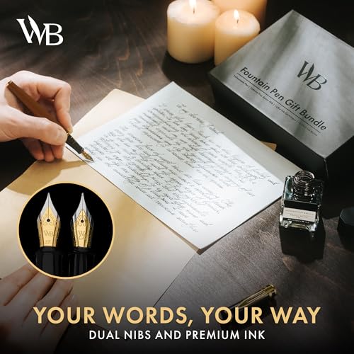 Wordsworth & Black Fountain Pen Set, 18K Gilded Medium and Extra Fine Nib, 25ML Black Bottle, 6 Ink Cartridges, Refill Converter, Smooth Writing Pens [Brown Gold], Gift Set for Men and Women - color: Brown Gold