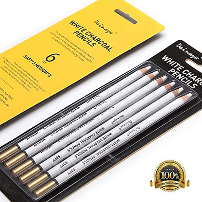 6 Pcs White Charcoal Pencils Drawing Set, Professional Smooth Soft & Medium Sketching Pencil Art Supplies for Drawing, Highlighting, Sketching, Blending