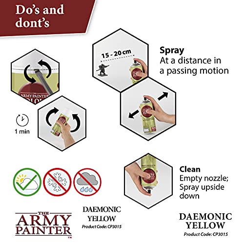The Army Painter Colour Primer Daemonic Yellow, 400 mL Acrylic Spray Primer, Spray Paint Basecoat for Miniature Priming, Tabletop Roleplaying, Boardgames, and Wargames Miniature Modelling - color: Daemonic Yellow