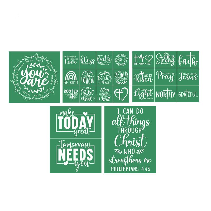 JAJADO 5 Pcs Christian Faith Self Adhesive Silk Screen Stencils Reusable Silk Screen Transfers Bible Verse Stencils for Painting on Wood, Wall, T-Shirt, Card, Fabric, Rock, Sign, DIY Crafts Projects - color: 5pcs Inspirational Stencils
