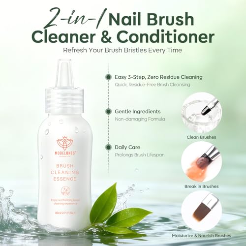 Modelones Nail Art Brush Cleaner & Restorer for Nail Polish/Extension Gel/Solid Builder Gel/Dip Powder/Acrylic with nail art brush Manicure Kits DIY Salon at Home - 80ml, W/Pro Brush - color: A8a-Brush Cleaner with Brush