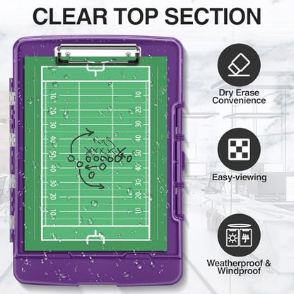 Sooez Original Clipboard with 2 Storage & Pen Holder, Heavy Duty Clip Boards 8.5x11 with Dual Storage, Clearview Dry Erase Coach Clipboard with Real Hinge, High Capacity, School & Office Supplies - color: Purple