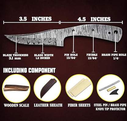 Custom Hand Forged Damascus Steel Blank Blade Diy Knife Making Kit Including Wooden Scale, Leather sheath, Pin, Damascus Blade Billet Knife Making Supply (BK-H) - color: BK-H