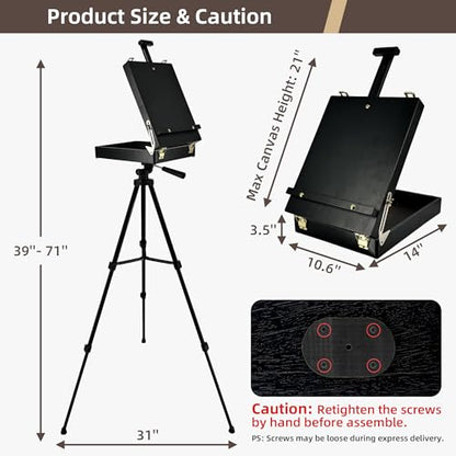 Black French Style Easel Sketch Box with Aluminum Tripod | Lightweight Black Aluminum Tripod, Adjustable Portable Plein Air Easel for Outdoor Painting, Sketching & Painting - color: Black