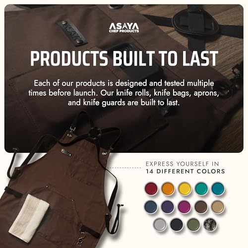 Asaya Chef and BBQ Apron with Bottle Opener and Hand Towel - 10oz Cotton Canvas, Stainless Steel Hardware - Cross Back Straps - color: Brown