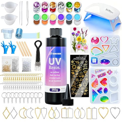 SHORE RESIN 250g UV Resin Kit with Light, Jewelry Starter Set | Includes UV Lamp, Silicone Molds, Glitter, Dried Flowers and Tools for Earrings, Keychains and Crafts - size: 250g