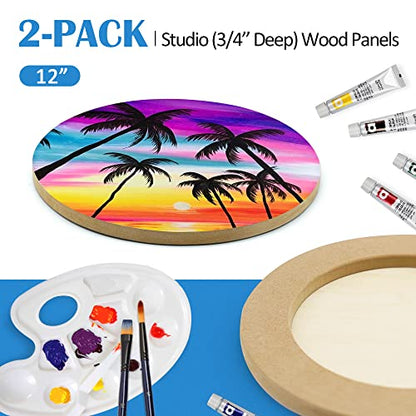 Falling in Art Unfinished Round Birch Wood Canvas Panels Kit, 2 Pack of 12’’ Studio 3/4’’ Deep Cradle Boards for Pouring Art, Crafts, Painting, and More - size: 12' round 2 Pack