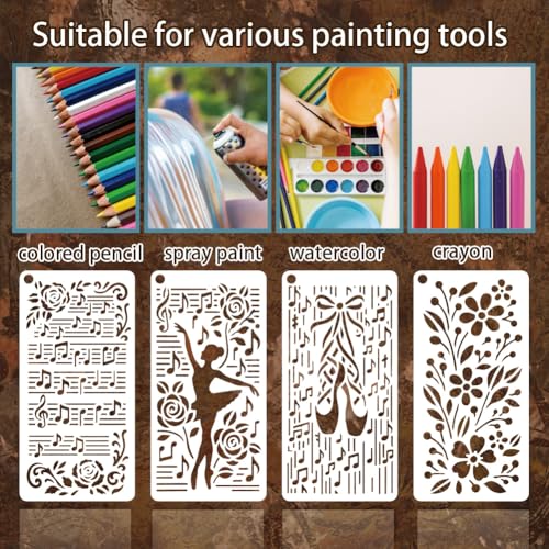 12 Sheets Musical Note Stencils for Painting, 12 Styles Musical Note Butterfly Flower Leaf Dancer Drawing Templates Plastic Art Templates for Painting on Wall Wood Home Decor - style: Melody Ballet