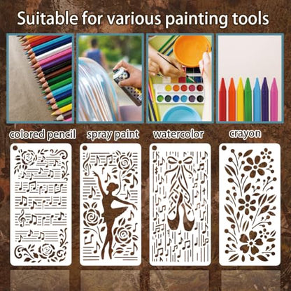 12 Sheets Musical Note Stencils for Painting, 12 Styles Musical Note Butterfly Flower Leaf Dancer Drawing Templates Plastic Art Templates for Painting on Wall Wood Home Decor - style: Melody Ballet