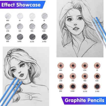 Mifuner 12 Graphite Pencils Professional Drawing Set, Art Supplies for Sketching Shading Blending, Gifts for Artists Adults Beginners. Black - color: Black