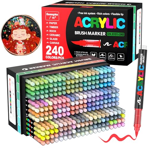 Amamao 240 Colors Acrylic Paint Markers, Soft Brush Tip Pens and Markers, Acrylic Paint Pens for Wood, Stone, Canvas, Glass, Fabric, Egg, Rock Painting and DIY Crafts Art Supplies - style: 240 BOX