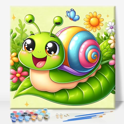 Camocin Framed Paint by Numbers Kit for Kids Ages 4-12 - Snails Theme DIY Acrylic Painting Set with Frame for Beginners, Complete Art Kit with Canvas, Brushes & Paints - 10x10 Inch Home Decor Gift - color: Snails-1