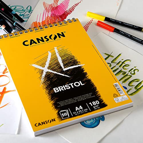 CANSON XL Bristol 180gsm A4 Paper, Very Smooth, Spiral Pad Short Side, 50 Extra White Sheets, Ideal for Professional Artists & Illustrators - size: A4